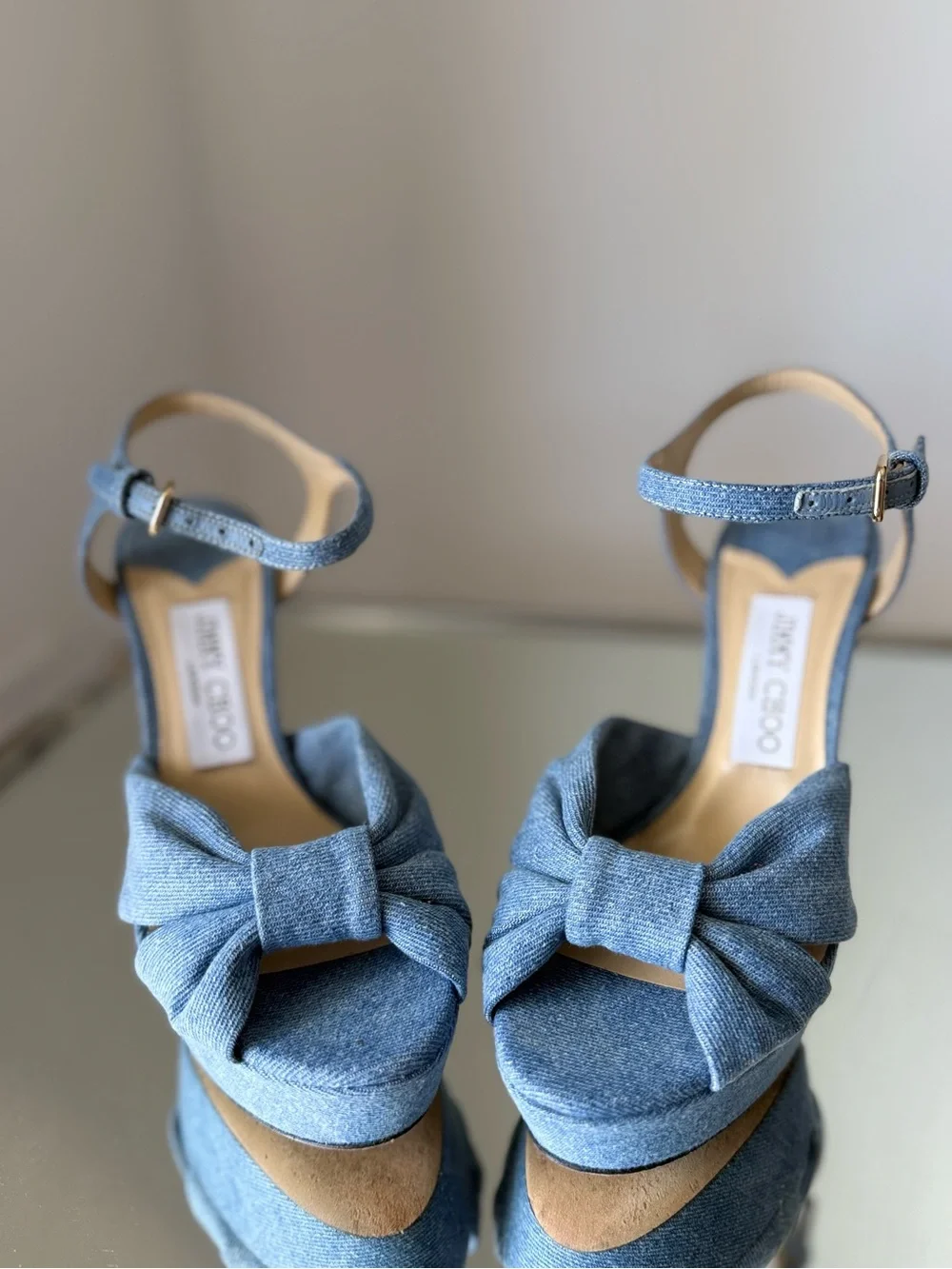 Like new JIMMY CHOO Heloise 120 Knotted Denim Platform Sandals $995 36.5